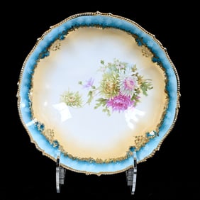 Bowl, Unmarked R.S. Prussia, Mold 343, Cream and White, Floral Decor, Blue Border