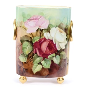 Cache Pot, Footed, Marked W.G. & C. Limoges, Green and Brown Tones, Pink Rose Decor