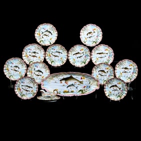 Fish Set Marked Limoges, Also Marked "Grand Depot E. Bourgeois", Each Piece With Double Fish Scene