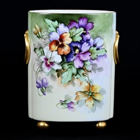Cache Pot, Footed, Marked W.G. & C. Limoges, Green, Yellow, Blue And Lavender Tones, Violet Decor