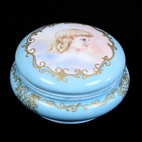 Round Covered Box Marked Elite Limoges, Blue Tones, Portrait Of Young Child