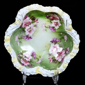 Bowl Marked Royal Bayreuth, Green Tones, Floral Decor, Yellow and White Molded Border