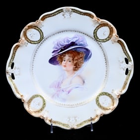 Cake Plate Marked R.S. Prussia, White and Bronze Satin Finish, Gibson Girl Portrait