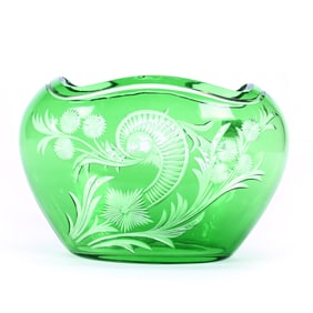 Vase, BPCG, Green Cut To Clear, Engraved Rococo And Floral Design, Attributed To Stevens & Williams