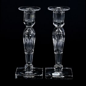 Pair Candlesticks, ABCG, Signed Hawkes, Miter and Punty Motif, Square Base, One With Base Corner