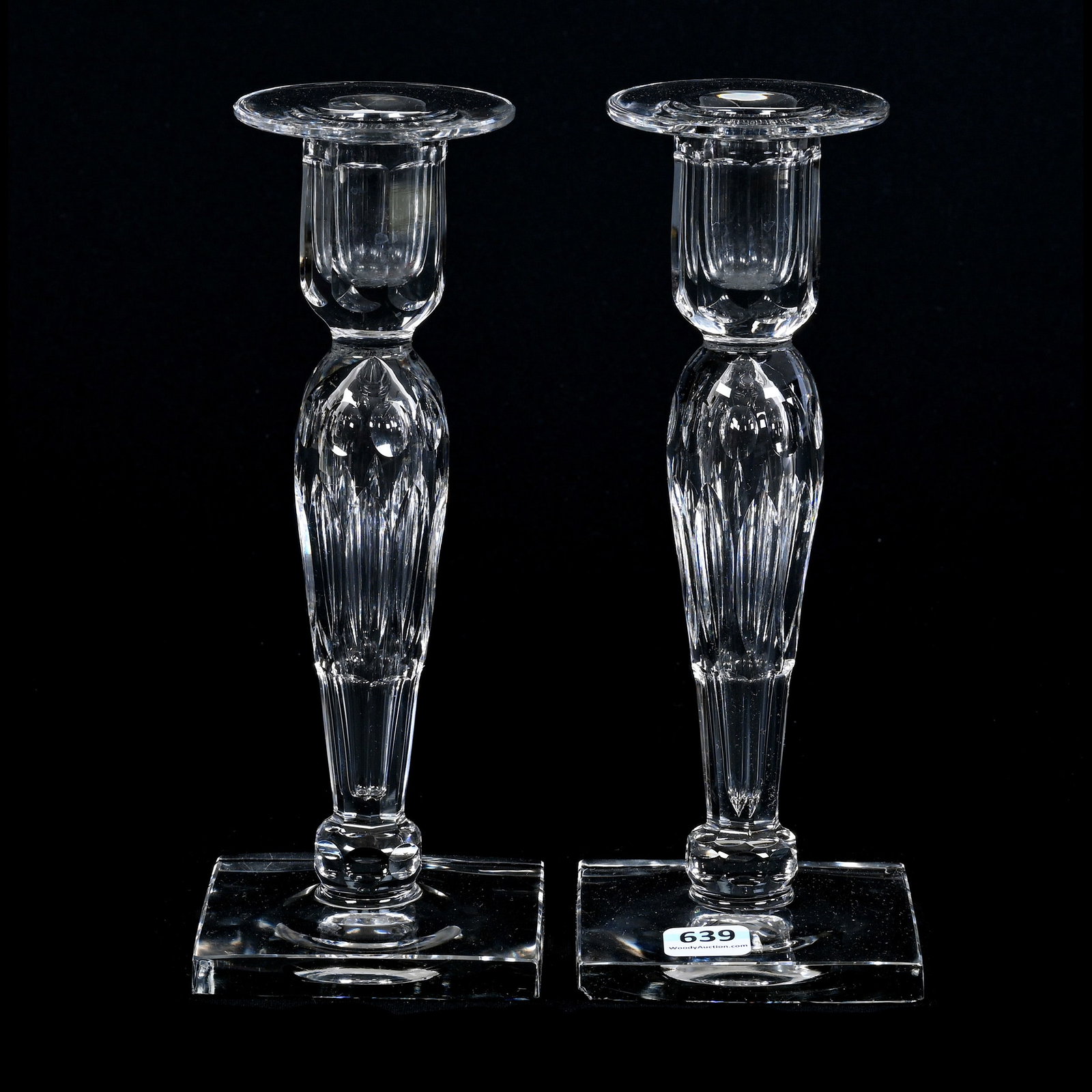 Pair Candlesticks, ABCG, Signed Hawkes, Miter and Punty Motif, Square Base, One With Base Corner (1 of 3)