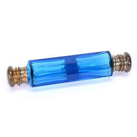 Double Laydown Perfume, BPCG, Solid Blue Panel Cut, Gilded Metal Flip Caps, One Stopper Missing