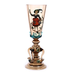 Pokal (Goblet) Amber Bohemian Art Glass, Enamel Image Of Woman Standing On Vine