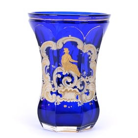 Beaker, Cobalt Blue Bohemian Art Glass, Enamel Scroll and Dog Scenic Decor