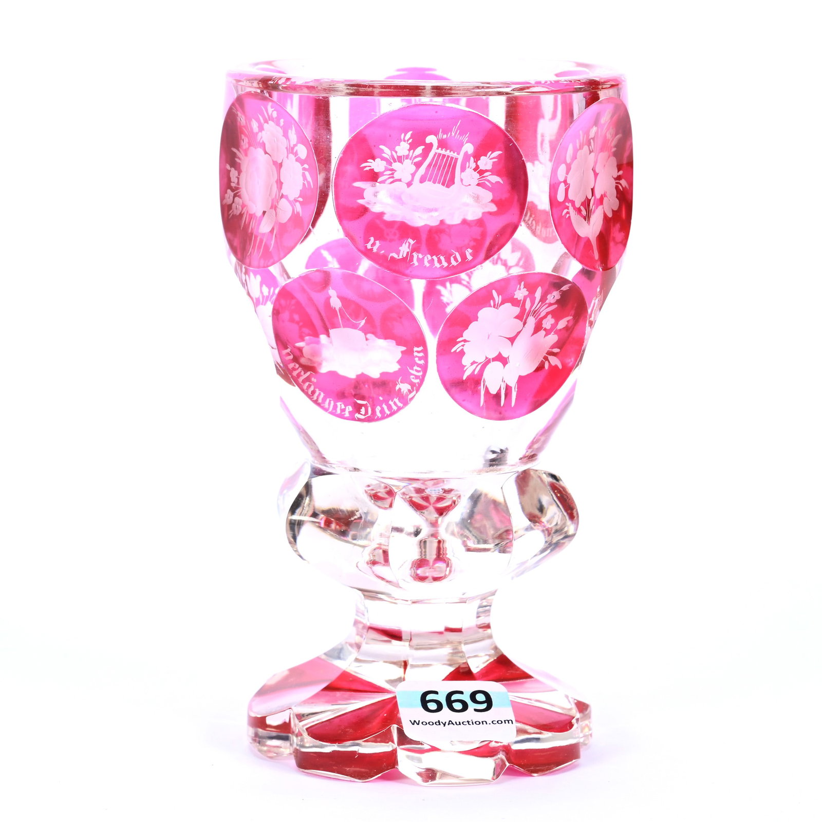 Pedestal Goblet, Bohemian Ruby Flash, Medallions Featuring Engraved Floral and Various Scenic (1 of 3)