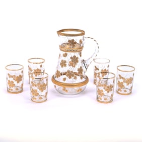 Water Set, Clear Bohemian Art Glass, Gold Leaf and White Enamel Branch Decor