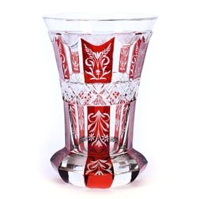 Vase, Bohemian Ruby Flash Panels, Engraved Floral Highlights, Diamond Cut Base