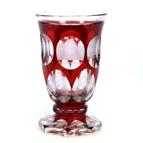 Beaker, Bohemian Ruby Flash Art Glass, Engraved With Scene Of Building and Floral Highlights