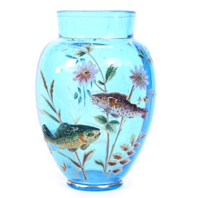 Vase, Unmarked Moser Style Art Glass, Blue With Applied Three Dimensional Fish and Heavy Enamel