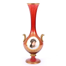 Pedestal Vase, Bohemian Cranberry Art Glass With Raised White Porcelain Medallion