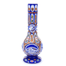 Vase, Bohemian Clear Crystal With Blue and White Cut Overlay, Elaborate Design, Enamel Highlights