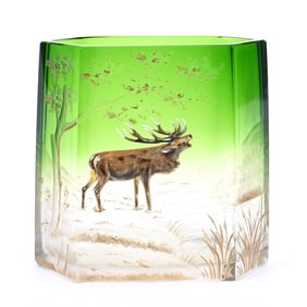 Vase, Unmarked Moser Art Glass, Green Shading To Clear, Engraved Landscape