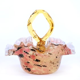 Basket, Cased Art Glass, Pink, Lavender And Yellow Mottled Design, Silver Mica Highlights