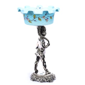 Victorian Brides Basket, Blue Satin Diamond Quilted MOP Bowl, Enamel Branch and Blossom Decor