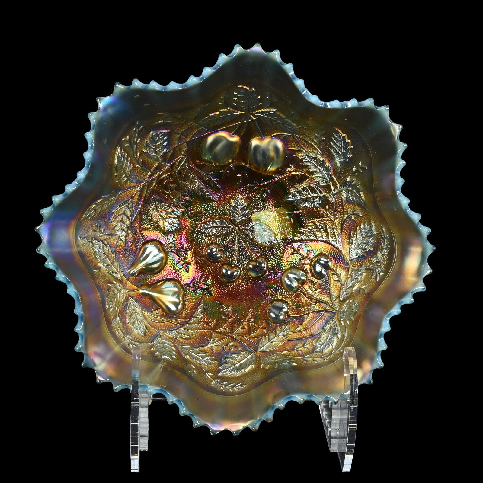 Bowl, Carnival Glass, Aqua Opal Three Fruits By Northwood, Stippled, Ribbed Exterior (1 of 5)