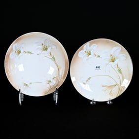 Bowl and Plate Marked R. S. Germany, Same Pattern, Easter Lily Decor, White and Brown Tones
