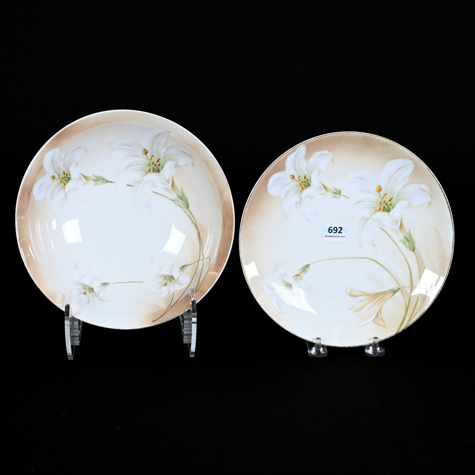 Bowl and Plate Marked R. S. Germany, Same Pattern, Easter Lily Decor, White and Brown Tones (1 of 2)