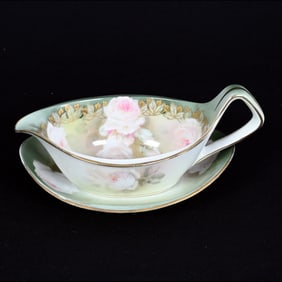 Sauce Boat/Underplate Marked R. S. Germany, White and Green With Rose Decor