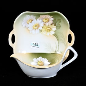 Sauce Boat/Underplate Marked R. S. Germany, Cream and Green With Daisy Decor