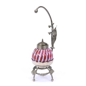Mustard Jar On Silverplate Stand, Cranberry Opalescent Reverse Swirl Jar