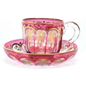 Cup And Saucer, Cranberry Cut To Clear, Flute Pattern, Gold Stencil Design