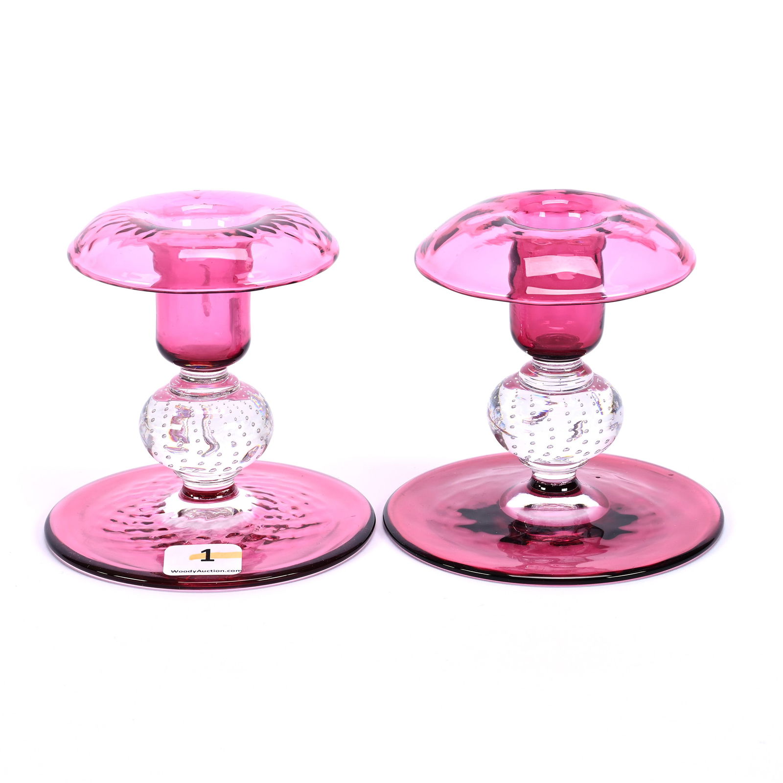 Pair Candlesticks, ABCG, Cased Cranberry Diamond Quilt By Pairpoint, Clear Controlled Bubble Stem (1 of 2)