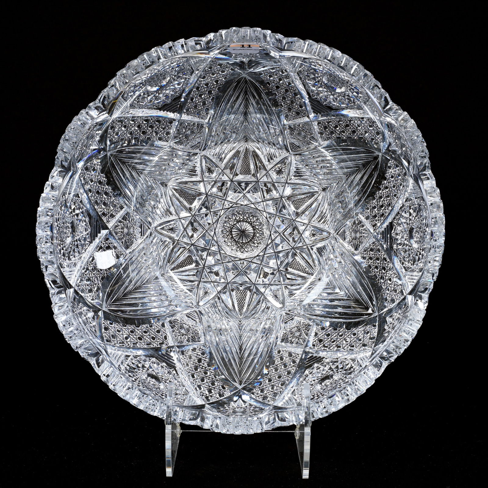 Punch Bowl, One Piece, ABCG, Silver Leaf Pattern By Pairpoint, Exceptional Blank: Punch Bowl, One Piece, American Brilliant Cut Glass, Silver Leaf Pattern By Pairpoint, Exceptional Blank, 5.25" x 12", Minimal Pattern Roughness, Tooth Chip, Collection Of David Fuchshuber, Texas.