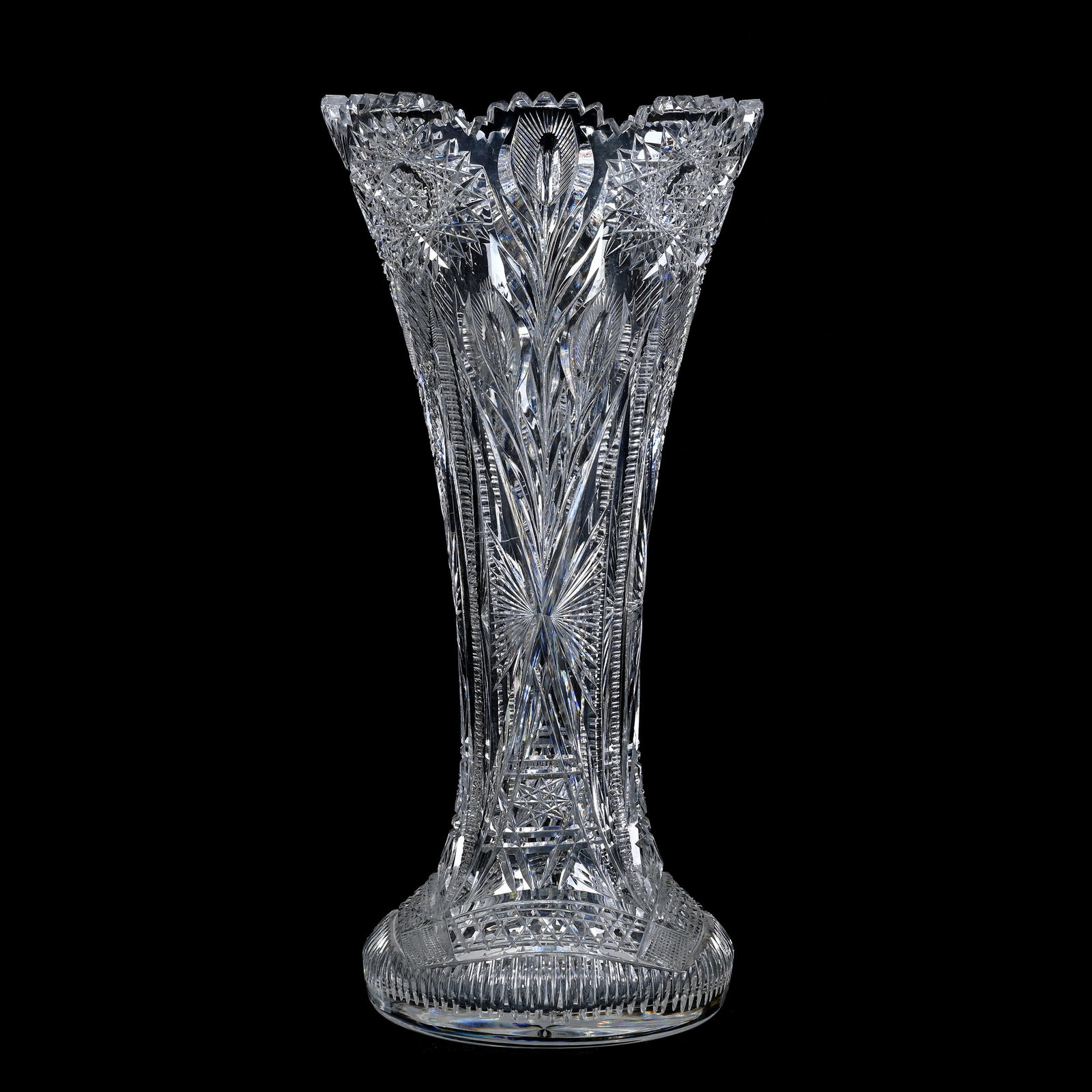 Vase, ABCG, Hobstar, Zipper, Floral And Geometric Motif: Vase, American Brilliant Cut Glass, Hobstar, Zipper, Floral And Geometric Motif, 14" x 6.75", Ray Cut Base, Nice Quality, Collection Of David Fuchshuber, Texas.