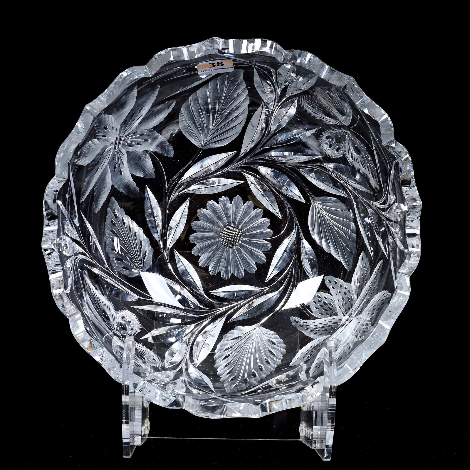 Bowl, ABCG, Engraved Lily With Butterfly & Leaf Highlights: Bowl, American Brilliant Cut Glass, Engraved Lily With Butterfly and Leaf Highlights, 3.5" x 9", Extra Clear Blank, Very Nice Quality, Collection Of David Fuchshuber, Texas.