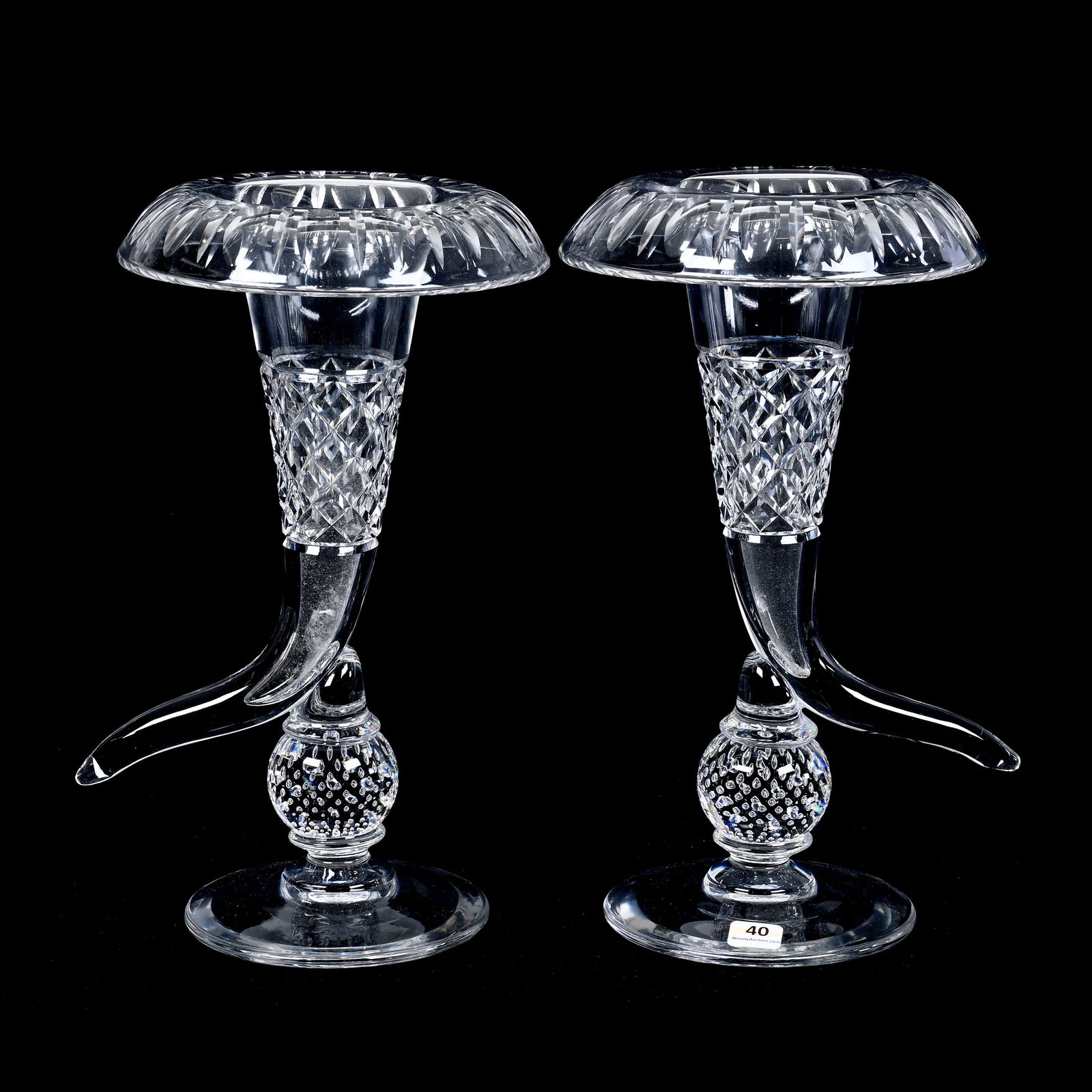 Pair Cornucopia Vases, ABCG, By Pairpoint, Diamond & Miter Cut Design, Controlled Bubble Stem (1 of 3)