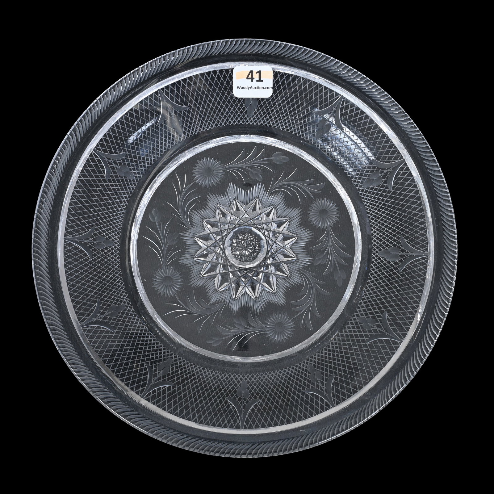 Plate, ABCG, Single Hobstar Center, Engraved Lattice & Floral Design: Plate, American Brilliant Cut Glass, Single Hobstar Center, Engraved Lattice and Floral Design, 9", Collection Of David Fuchshuber, Texas.