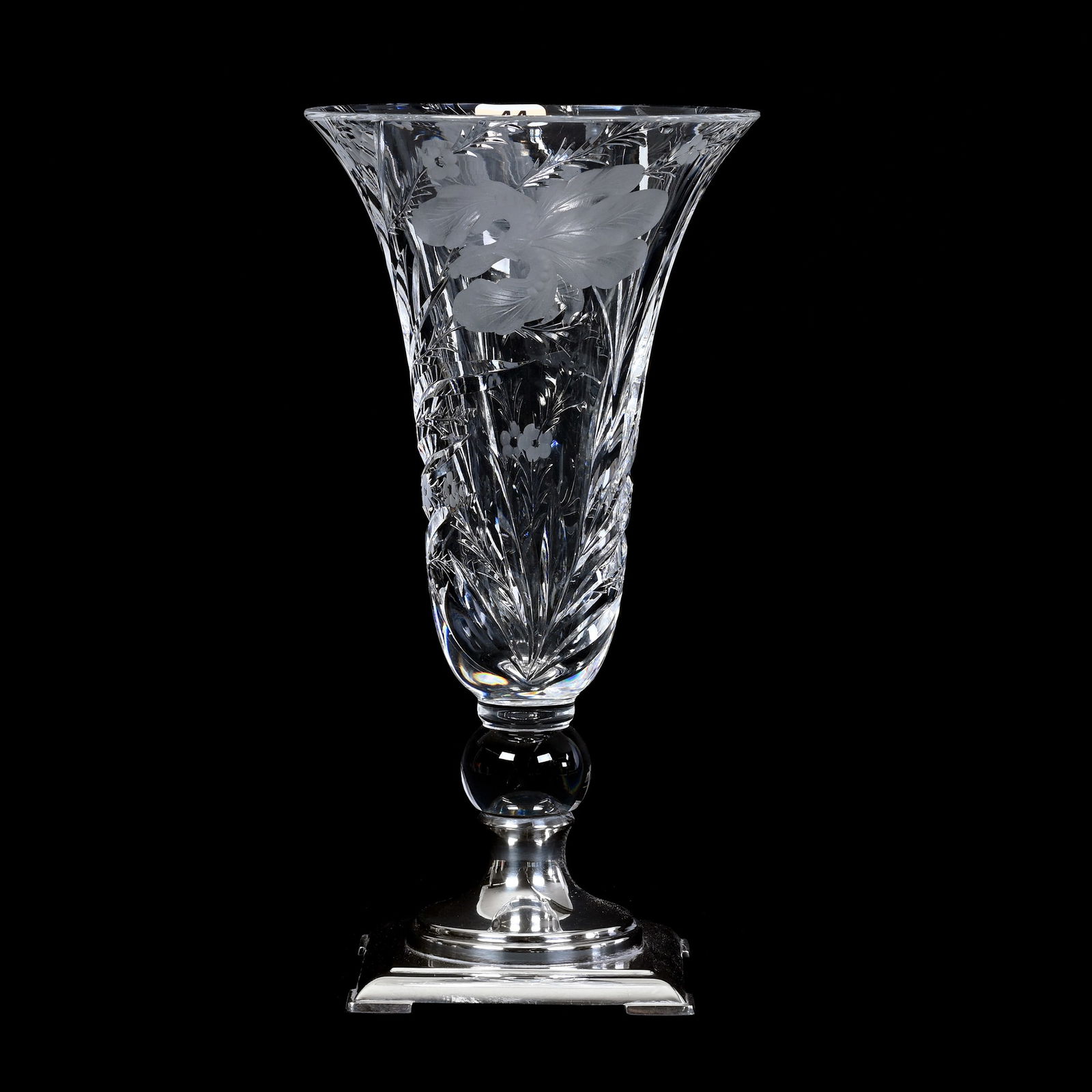 Trumpet Vase, ABCG, Engraved Iris Pattern By Hawkes, Mounted On Square Sterling Base Marked Hawkes (1 of 3)