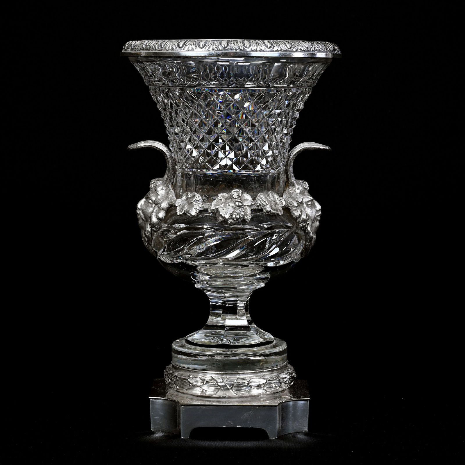 Pedestal Urn, Two Handles, ABCG, Silverplate Base Marked Pairpoint #C1522: Pedestal Urn, Two Handles, American Brilliant Cut Glass, Silverplate Base Marked Pairpoint #C1522, 12.25" x 7", Diamond Point With Swirled Tusk Design, Embossed Silverplate Fittings, Collection Of Dav