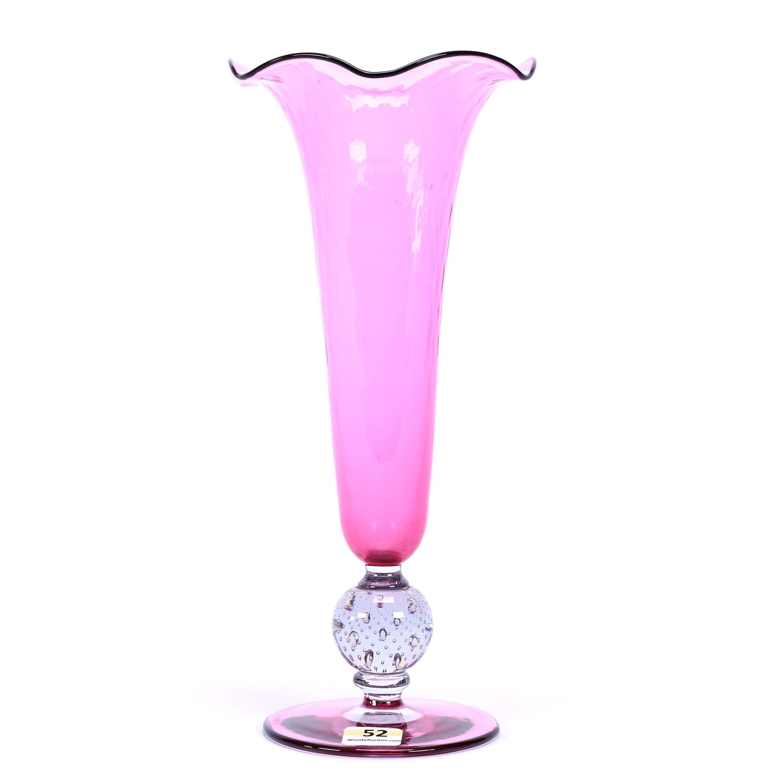 Pedestal Vase By Pairpoint, ABCG, Cranberry Diamond Quilted, Clear Controlled Bubble Stem (1 of 2)