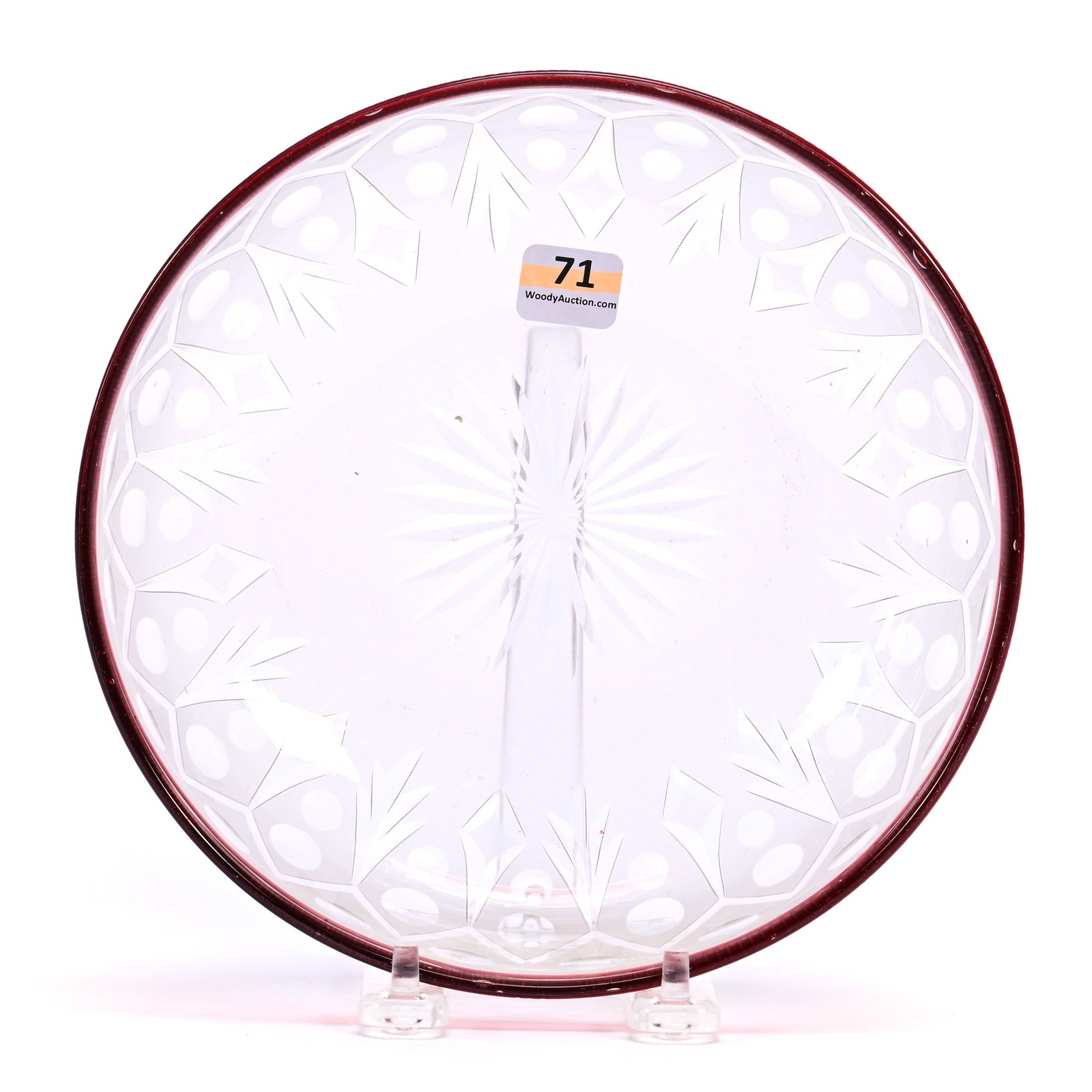 Bowl, ABCG, Frosted With Bullseye, Miter And Fan Design, Ray Cut Center, Applied Peppermint Border: Bowl, American Brilliant Cut Glass, Frosted With Bullseye, Miter And Fan Design, Ray Cut Center, Applied Peppermint Border, 2.5" x 7.75", Attributed To New England, Tooling Mark On Inside Rim, Collect