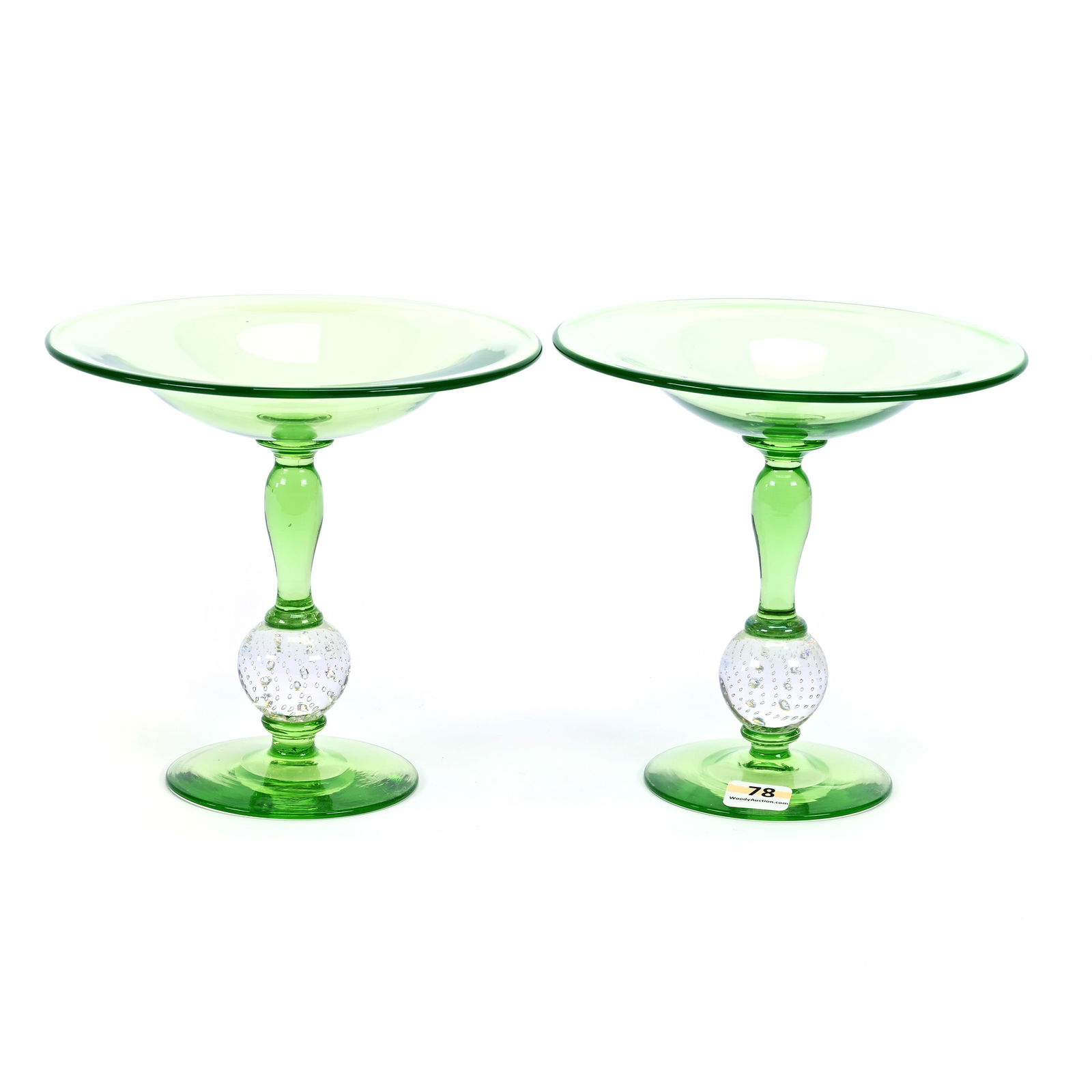 Pair Compotes, ABCG, Solid Uranium Green By Pairpoint, Clear Controlled Bubble Stem (1 of 2)