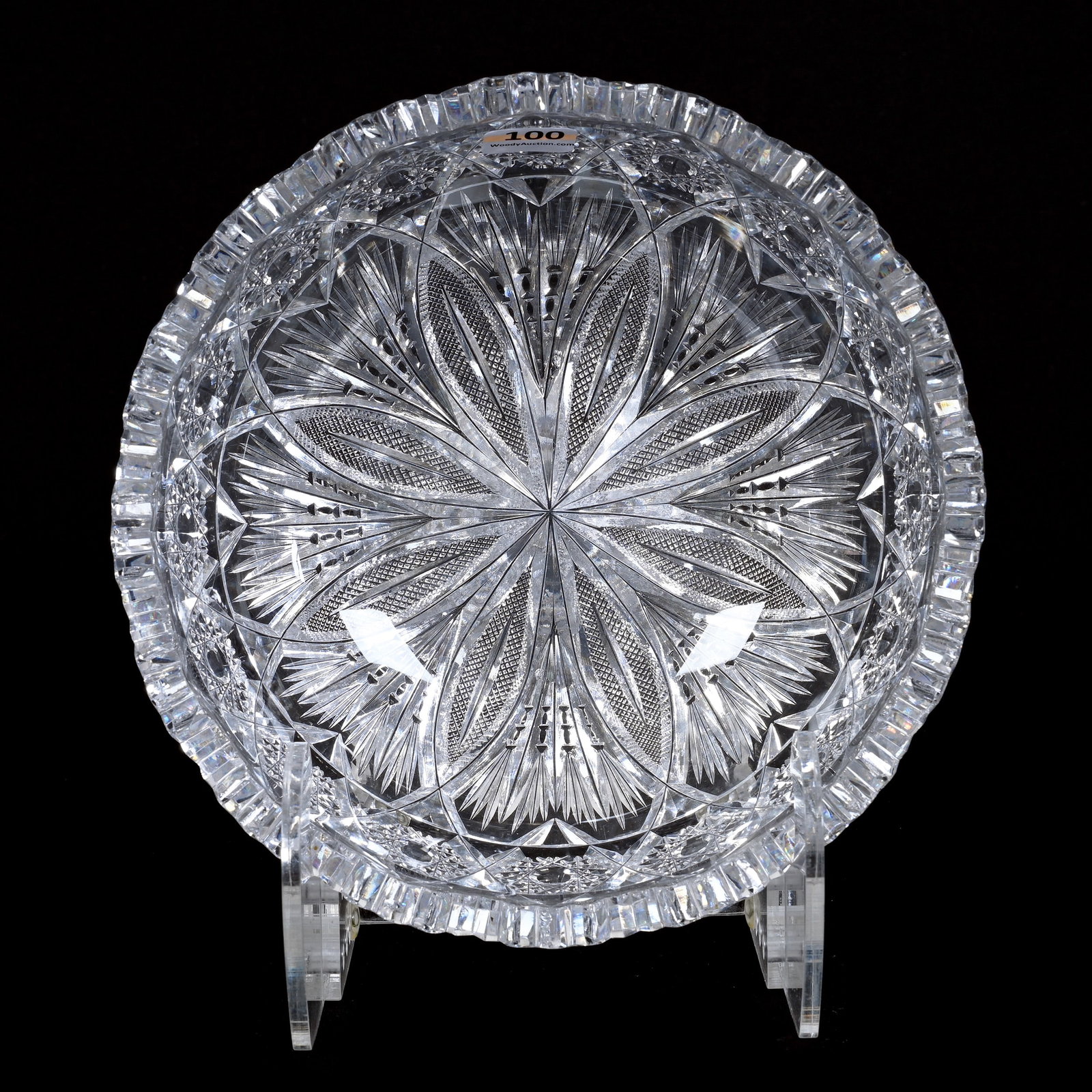 Bowl, ABCG, Hobstar Chain Border With Split Vesica, Strawberry Diamond & Notched Fan Motif: Bowl, American Brilliant Cut Glass, Hobstar Chain Border With Split Vesica, Strawberry Diamond and Notched Fan Motif, 3.75" x 8", Tooth Chip, Collection Of David Fuchshuber, Texas.