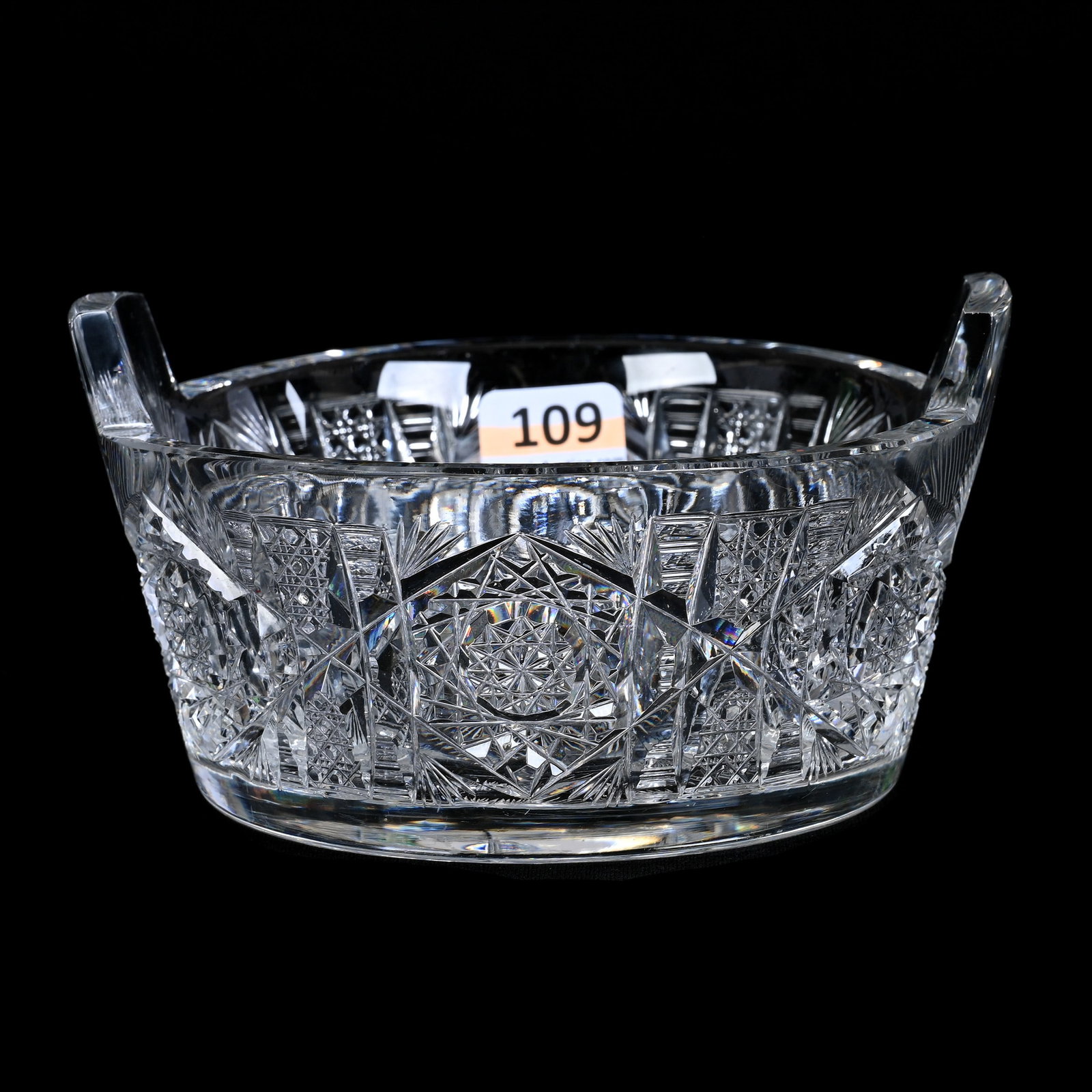 Butter Tub, Tab Handles, ABCG, Hobstar, Cane, Prism And Fan Motif: Butter Tub, Tab Handles, American Brilliant Cut Glass, Hobstar, Cane, Prism And Fan Motif, 2.75" x 5.25", Brooklyn Star Base, Collection Of David Fuchshuber, Texas.