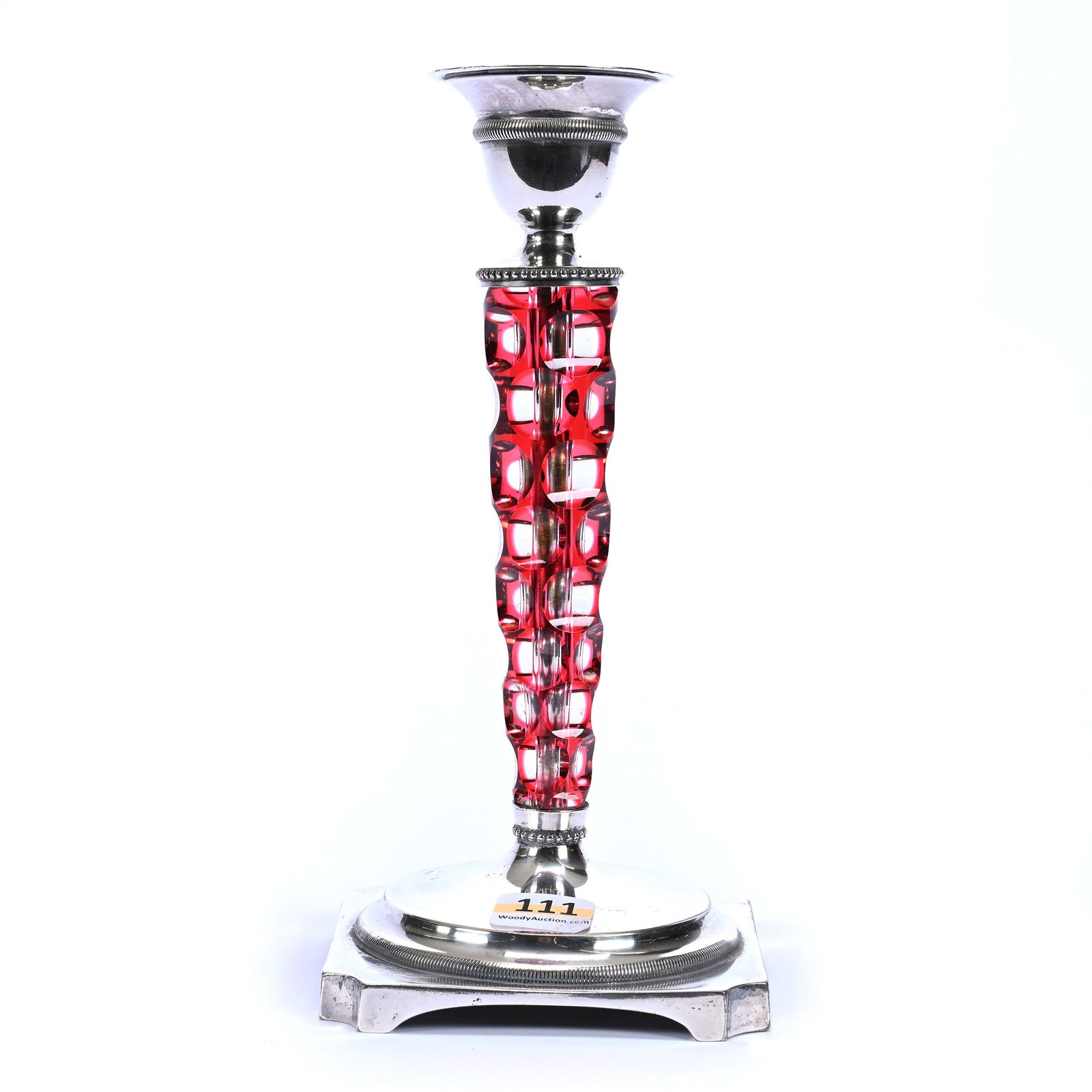 Candlestick, ABCG, Cranberry Cut To Clear By Pairpoint, Bullseye Cut Stem (1 of 3)