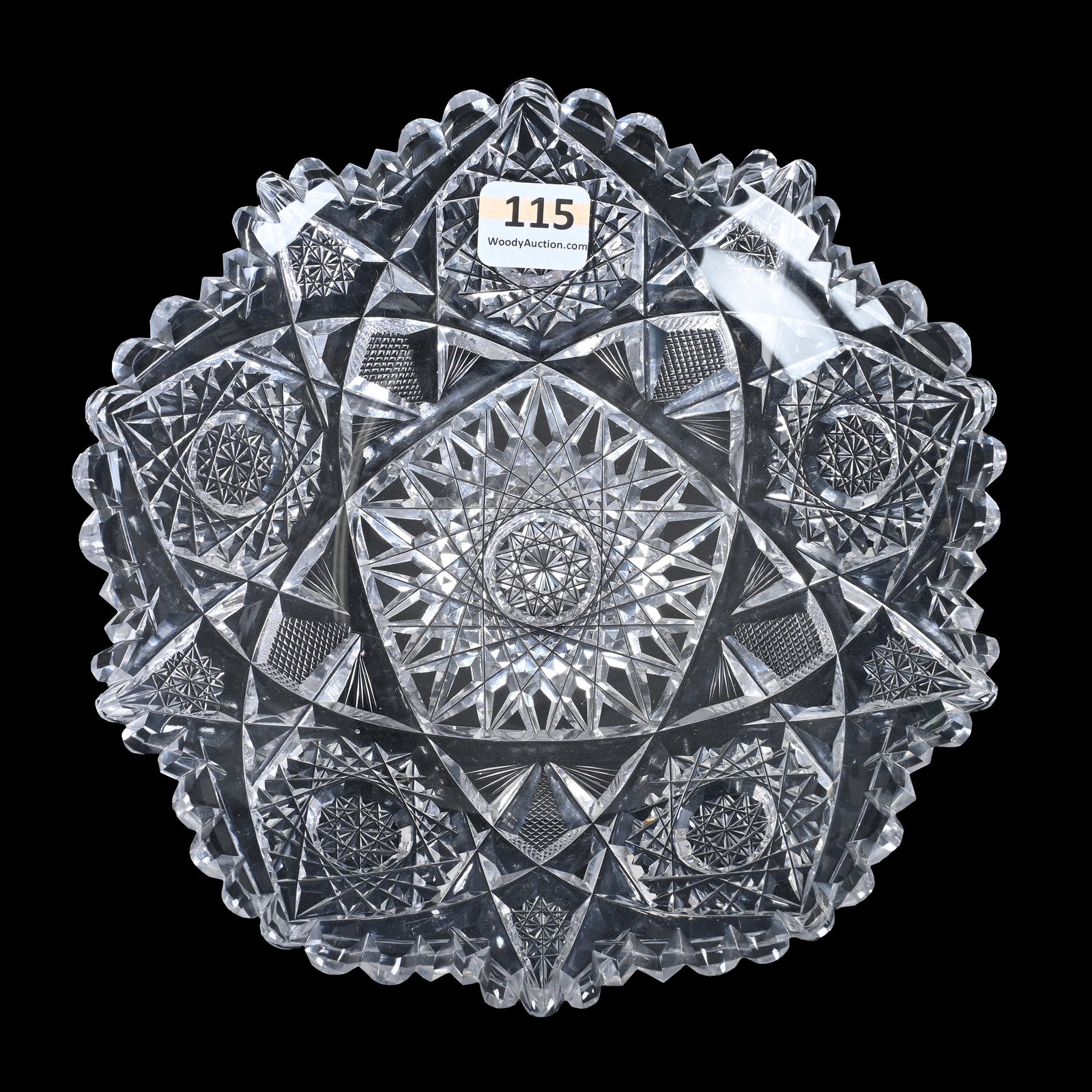 Plate, ABCG, Hobstar, Strawberry Diamond And Interlocking Vesica Motif: Plate, American Brilliant Cut Glass, Hobstar, Strawberry Diamond And Interlocking Vesica Motif, 7.25", Collection Of David Fuchshuber, Texas.