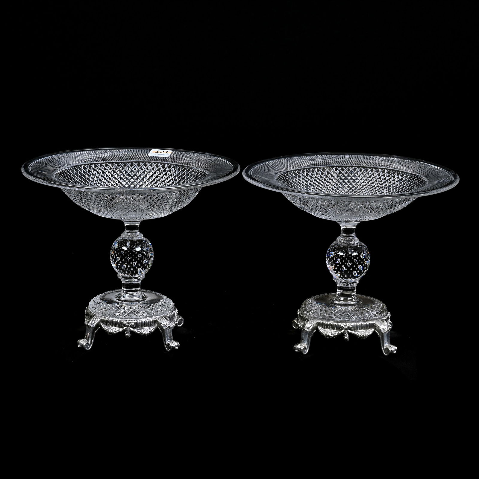 Pair Compotes, ABCG, Raised Diamond Pattern By Pairpoint, Controlled Bubble Stem (1 of 6)