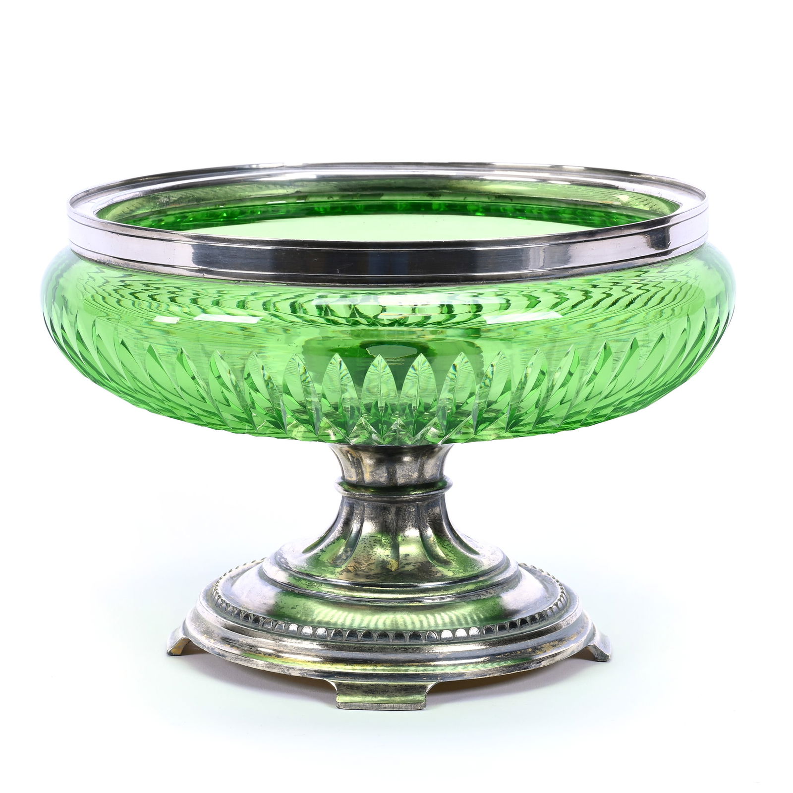 Pedestal Bowl, ABCG, Solid Uranium Green Brilliant Pattern By Pairpoint, Silverplate Rim And Foot (1 of 4)
