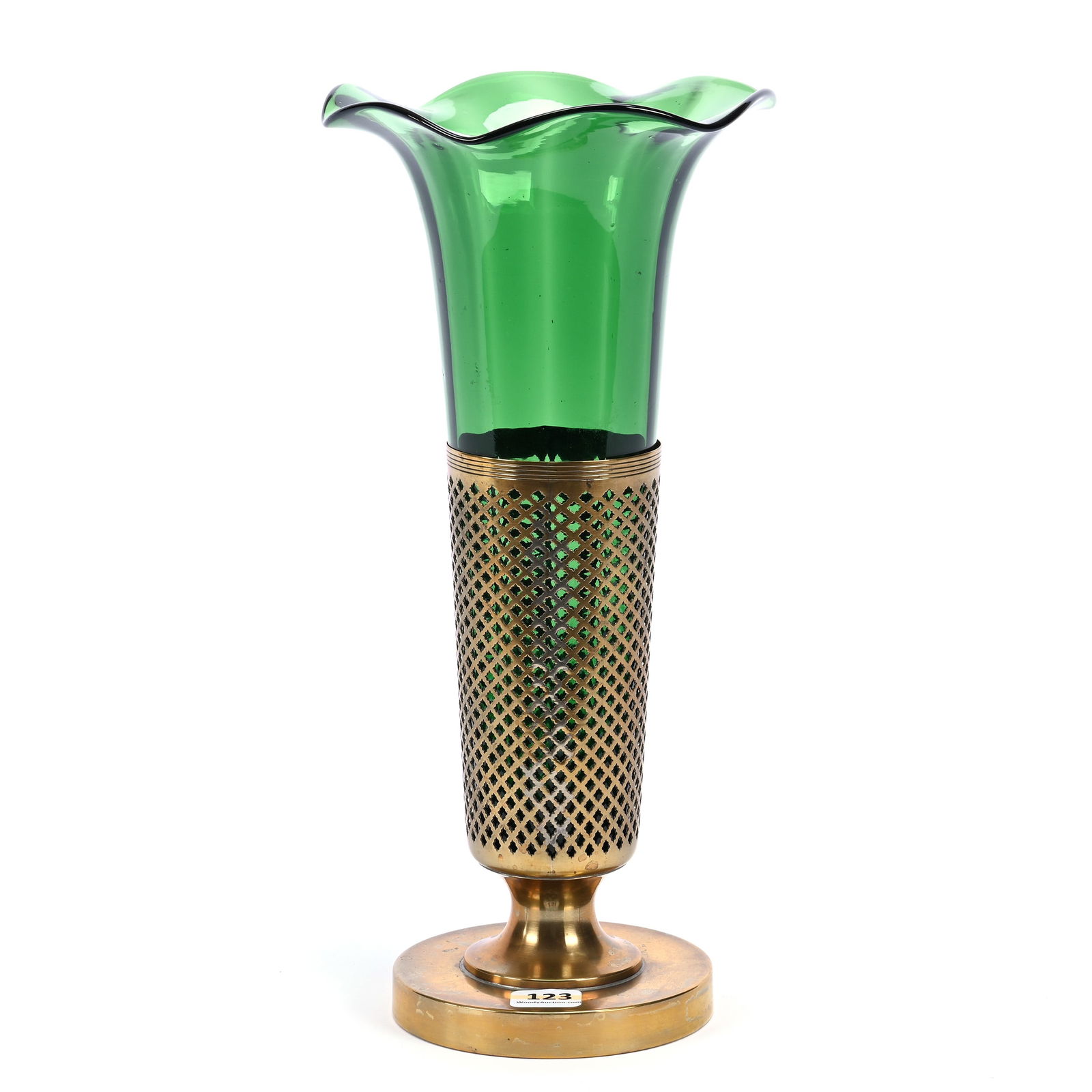 Vase, Two Part, Solid Uranium Green Ruffled Vase Insert Set In Silverplate Base (1 of 3)