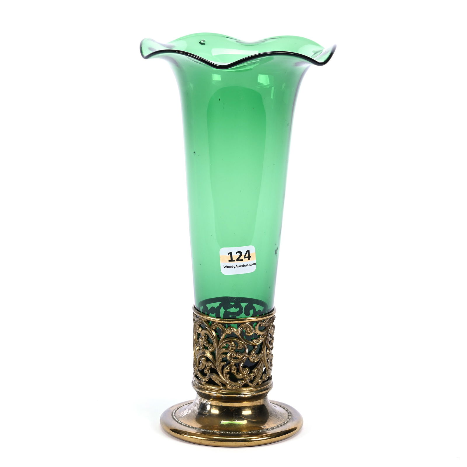 Vase, 2 Part, Solid Uranium Green Vase Set In Gilded Silverplate Base Marked Pairpoint Special (1 of 3)