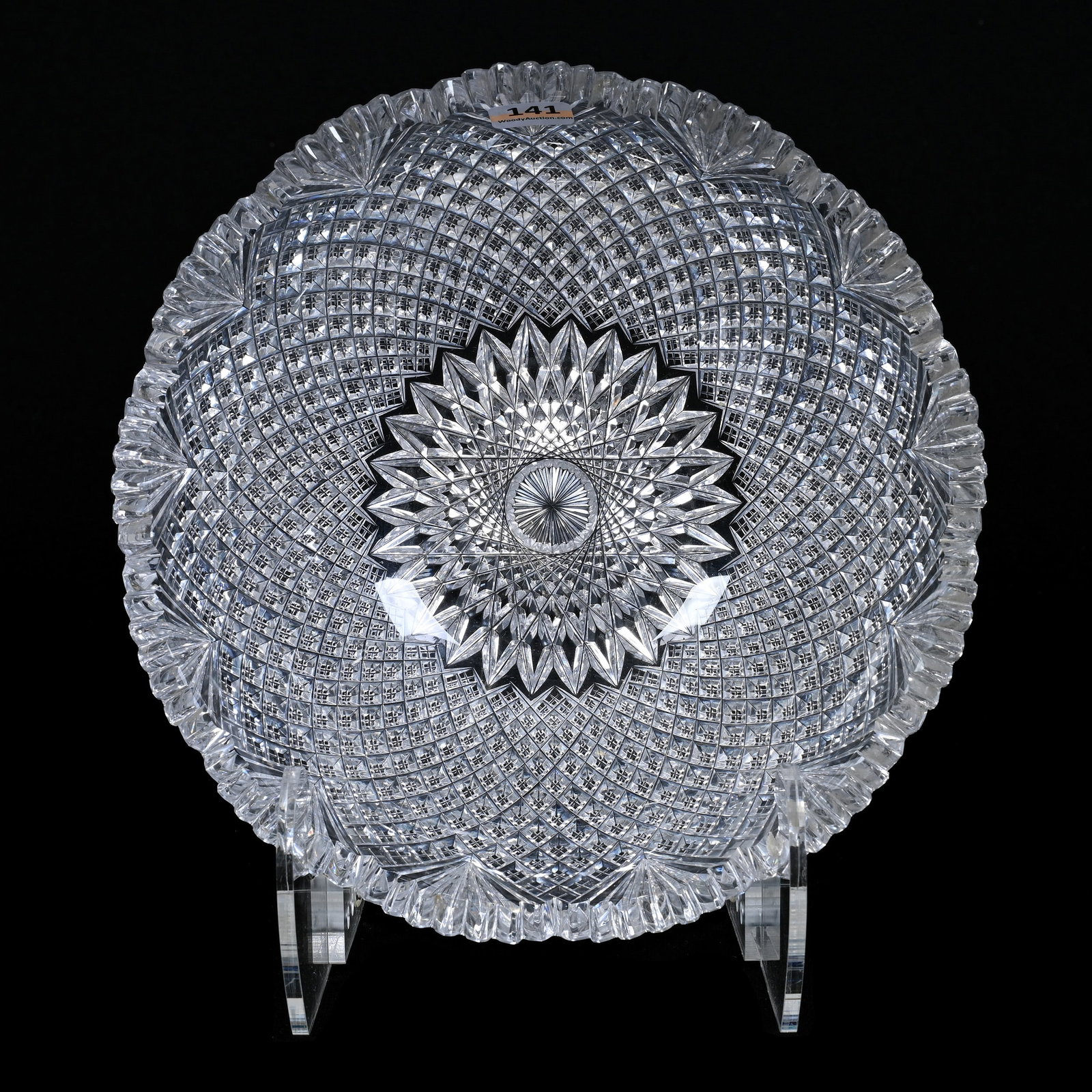 Bowl, ABCG, Hobstar Center, Crosscut Diamond And Fan Border: Bowl, American Brilliant Cut Glass, Hobstar Center, Crosscut Diamond And Fan Border, 4" x 9", Tooth Chip, Collection Of David Fuchshuber, Texas.